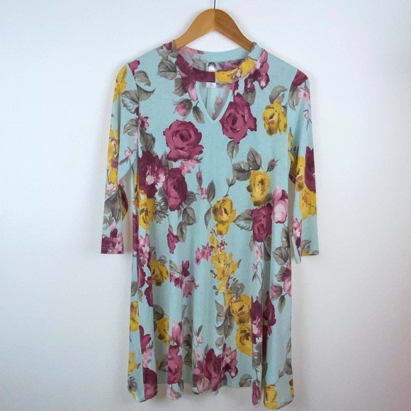 S Honeyme Blue Floral Print Keyhole V Neck Light Blue Flowy Tunic Slinky Dress - Picture 3 of 6